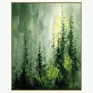 green forest wall art – misty pine trees landscape
